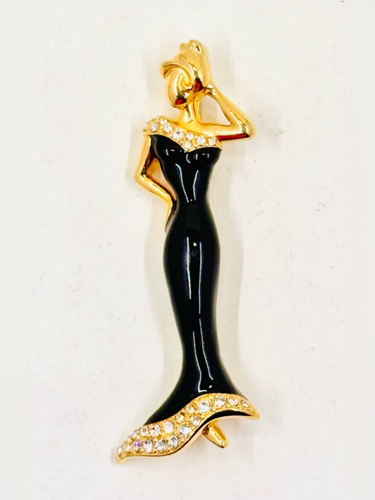 Fernando Originals Gold-Tone Woman Black Enamel Evening Gown W/Crystals Brooch